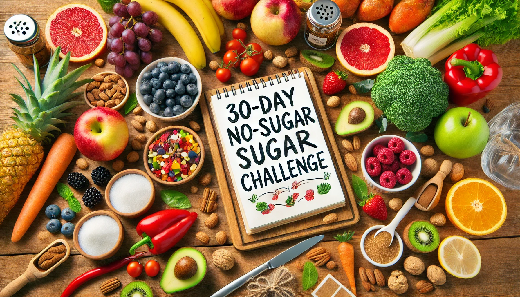 Healthy foods on a wooden kitchen counter with a notepad displaying '30-Day No-Sugar Challenge' in the center.