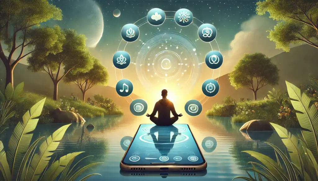 A person using a meditation app on a smartphone while sitting in a peaceful natural setting with a sunrise, lake, and greenery.