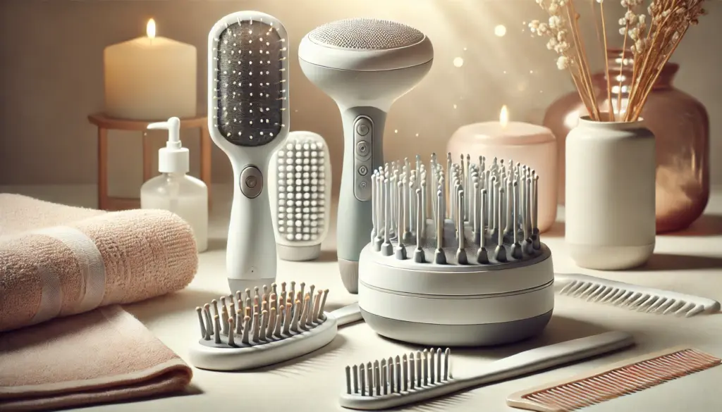 Various types of scalp massagers, including electric and manual brushes, spa-like setting.