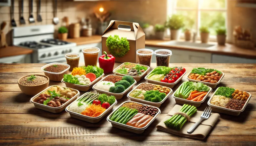 An assortment of fresh, nutritious, and colorful pre-prepared meals in eco-friendly packaging on a wooden kitchen countertop.