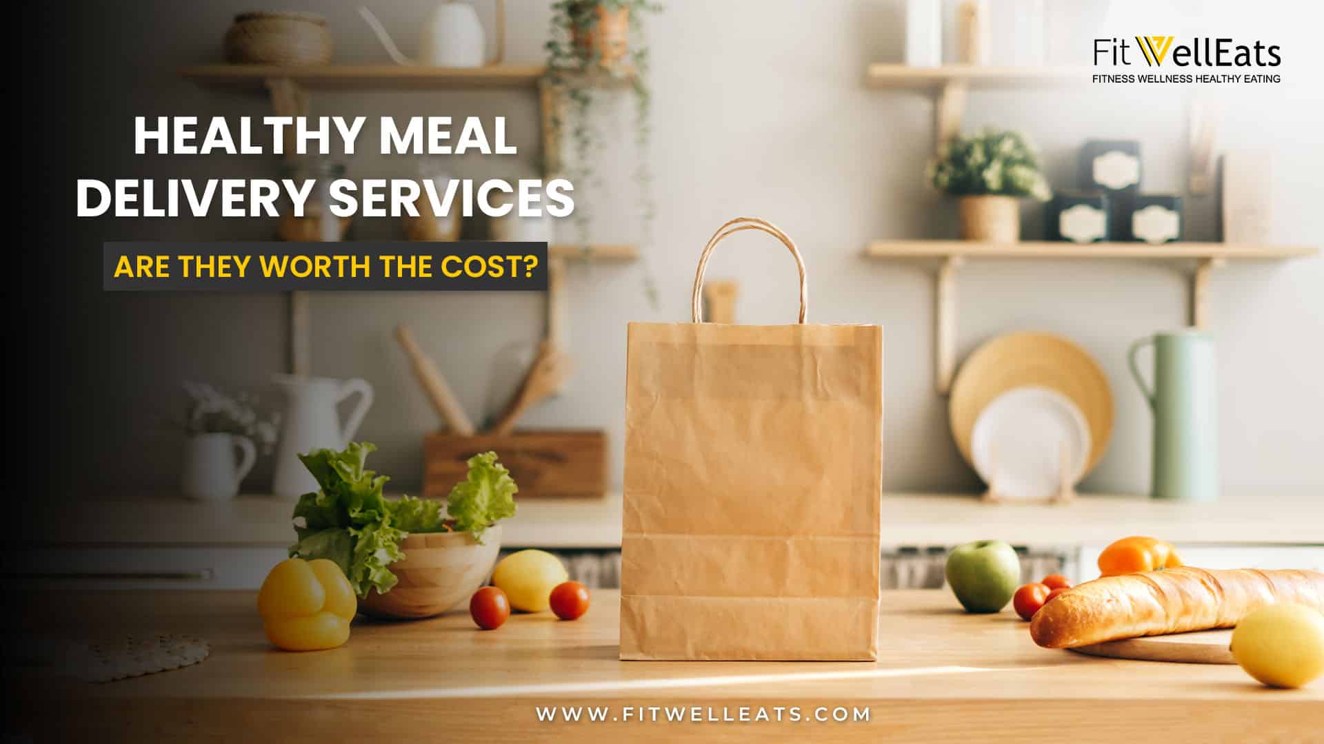 An assortment of fresh, nutritious, and colorful pre-prepared meals in eco-friendly packaging on a wooden kitchen countertop.