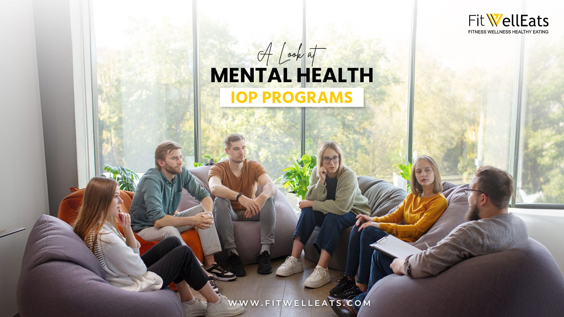 Mental health IOP group therapy session with men discussing recovery in a peaceful environment.