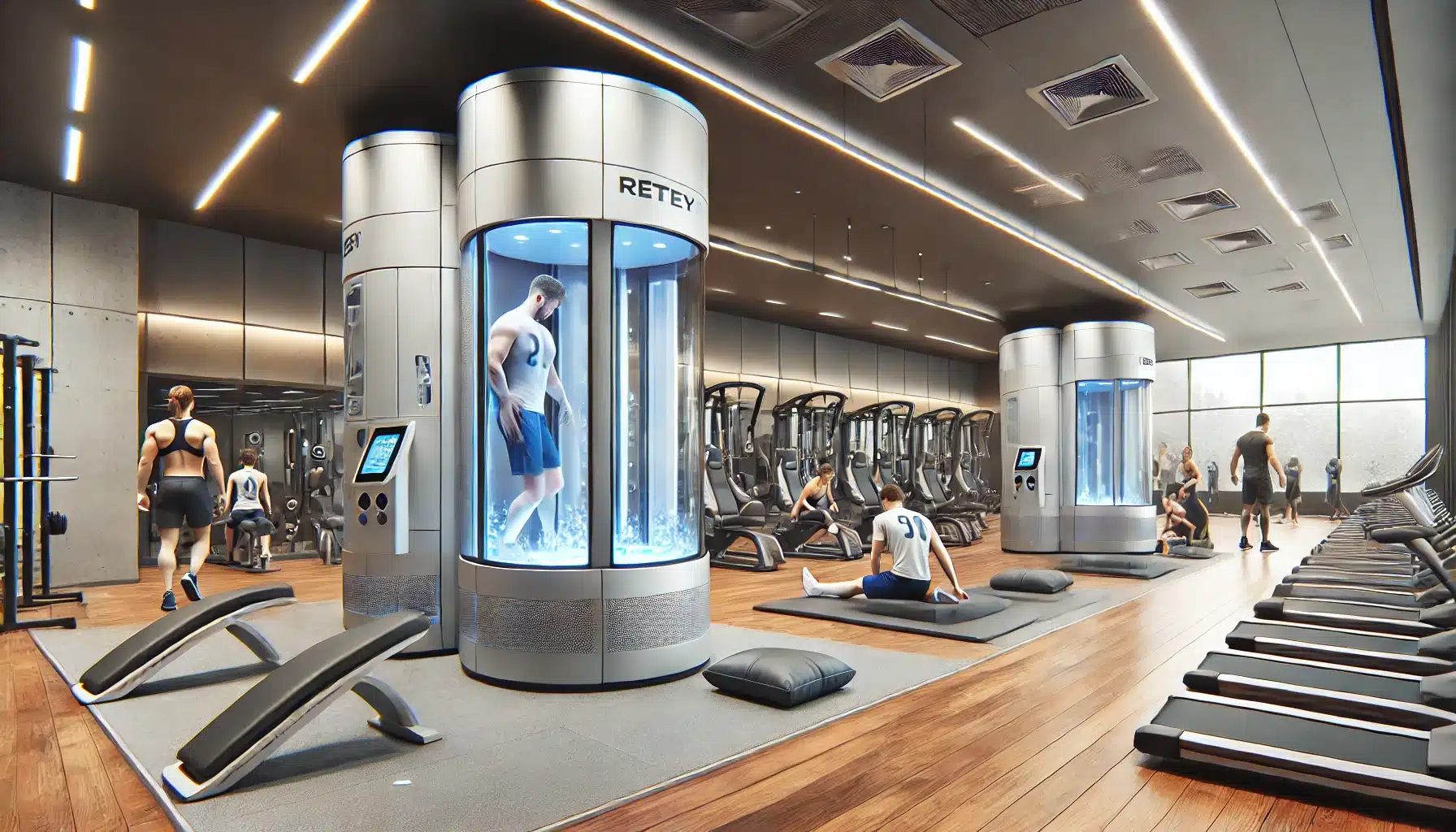 Modern gym with advanced recovery equipment like cryotherapy chambers, massage chairs, and stretching areas.