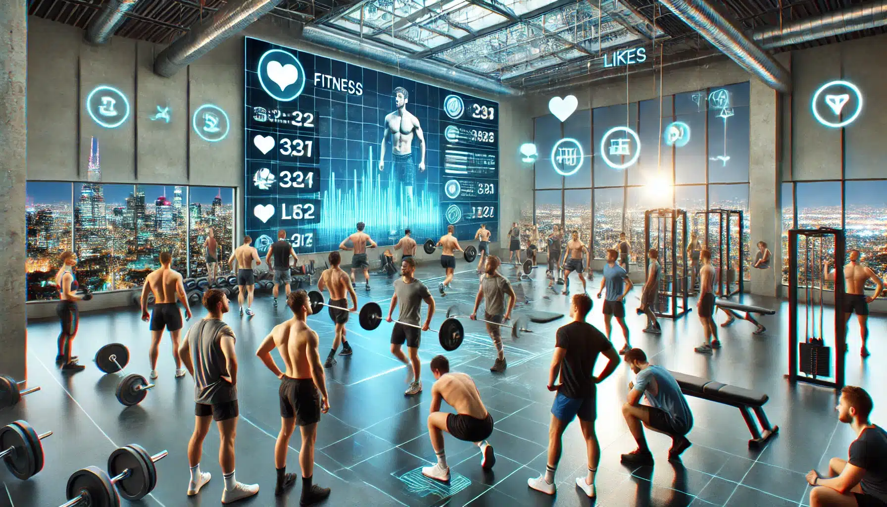 A modern gym with people engaging in trending social media fitness workouts, following fitness influencers on screens and participating in viral fitness challenges.