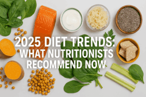 2025 diet trends healthy foods including salmon, spinach, sweet potatoes, yogurt, and chia seeds on a white background.